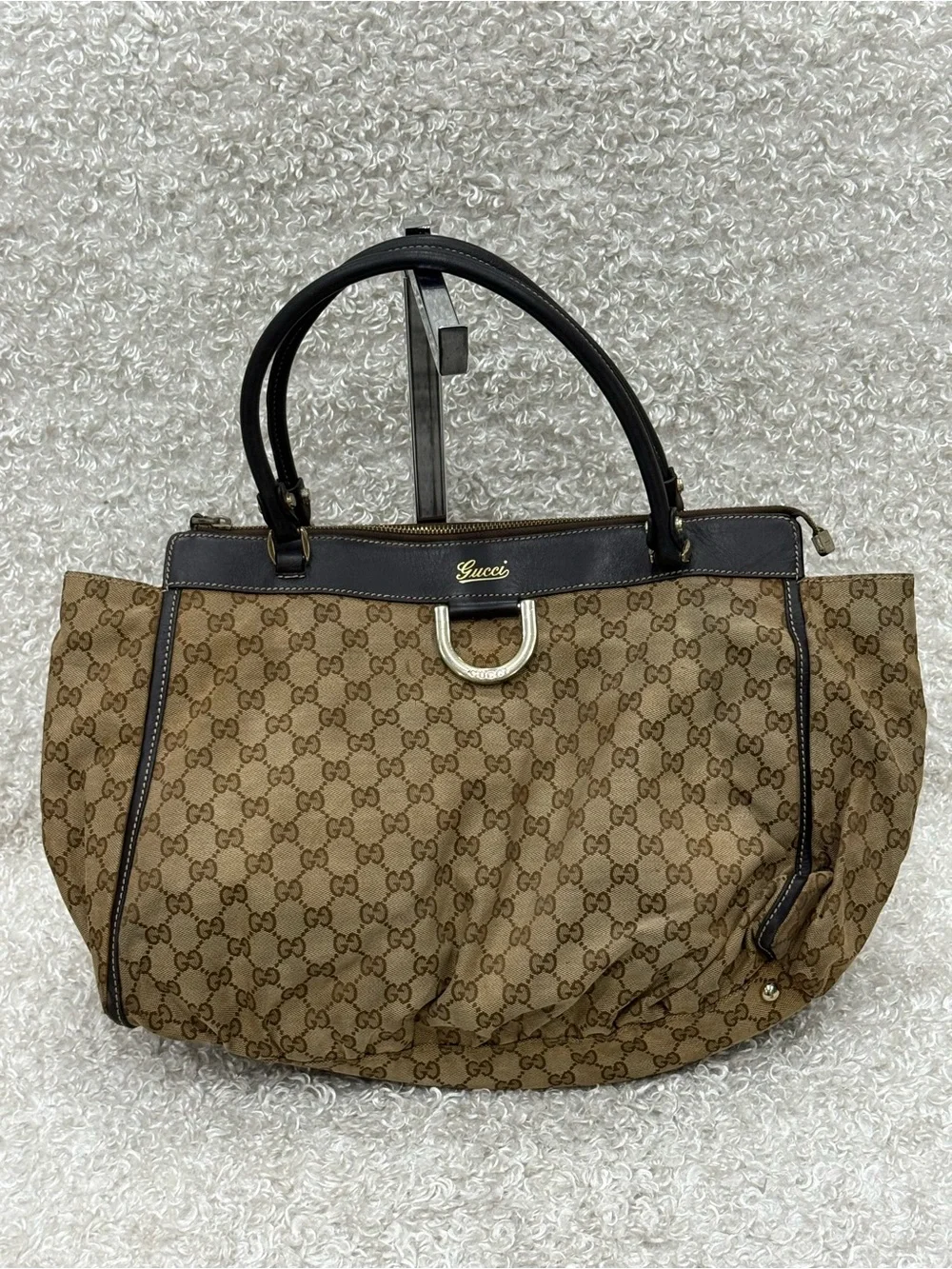 Gucci Abbey Canvas Tote with Brown Leather Trim